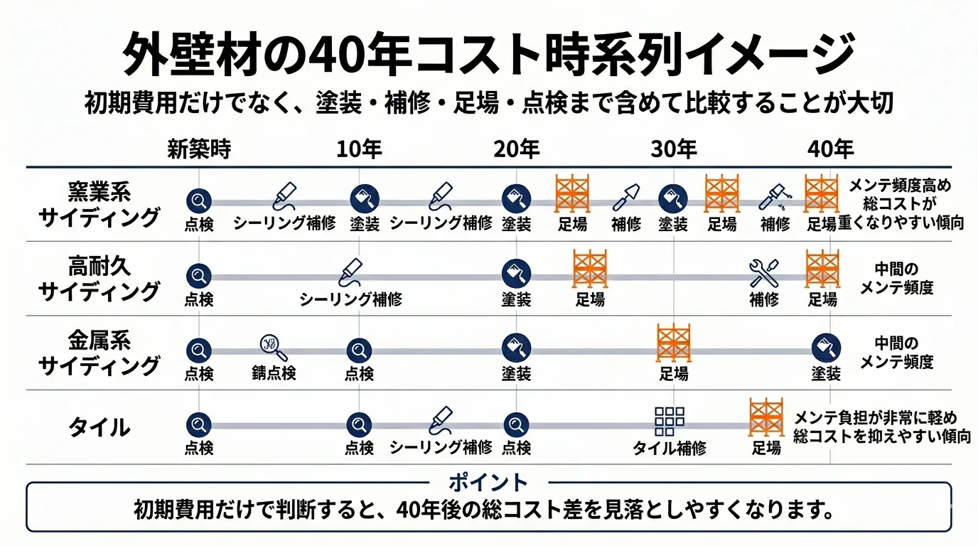 外壁材の40年間に発生しやすい塗装・足場・シーリング・点検の時系列図解